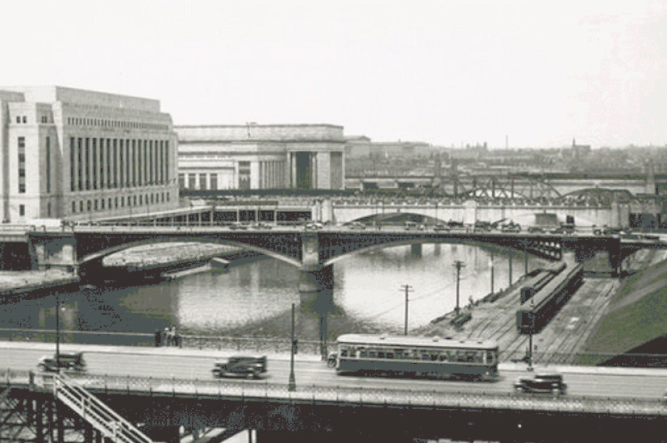 Gif animation of schuylkill river area transforming over the decades