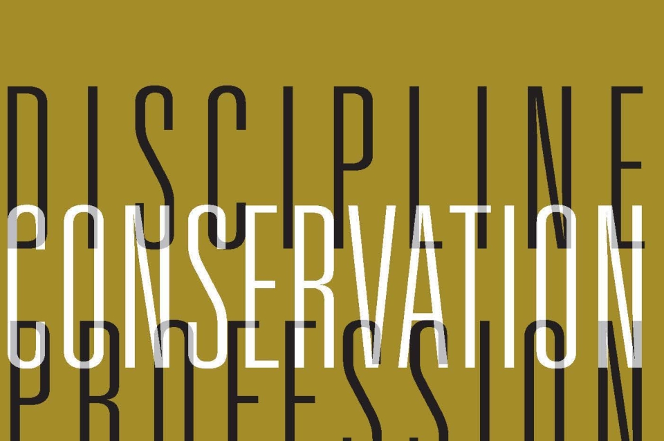 Green journal cover with overlapping words Discipline, Conservation, and Profession