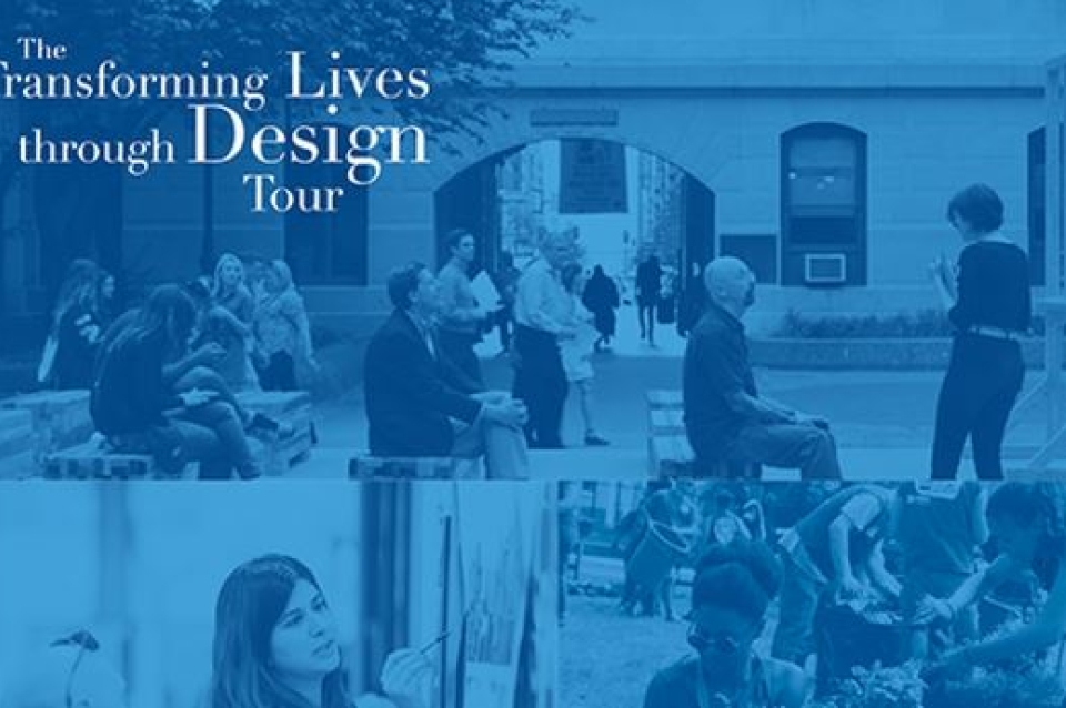 The transforming lives through design tour. (Background, blue tinted photo collage of tour)