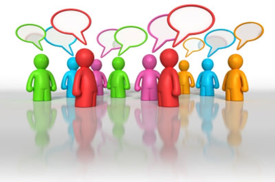 Figures standing in a group with blank speech bubbles over their heads