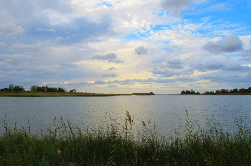 View of sunrise/sunset over bay from short