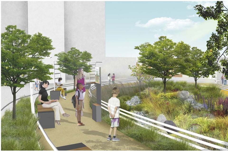 Rendering of proposed design showing people looking at the greenery next to a path