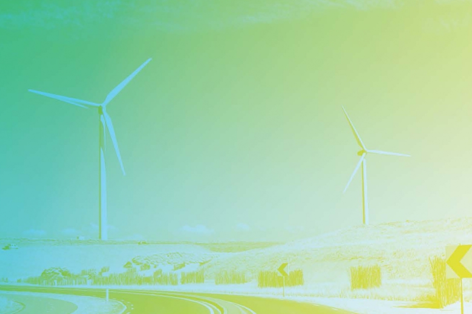 Faded green image of windmills