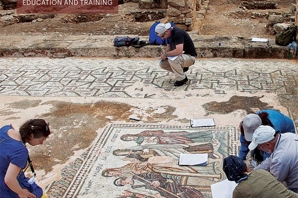 Cover of Getty Conservation Institute newsletter showing people working on an ancient mosaic
