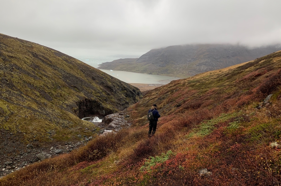 Person walks through a valley with small glaciers in distance