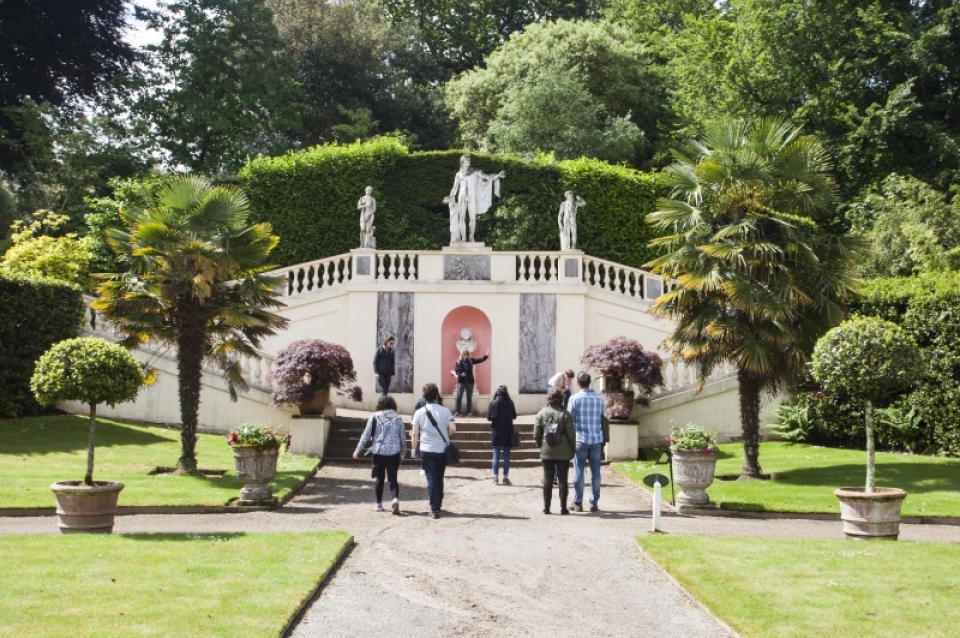 The group examines statuary in the Italian garden while comparing Formal and English style landscapes at Mount Edgcumbe. Photo: Starr Herr-Cardillo.