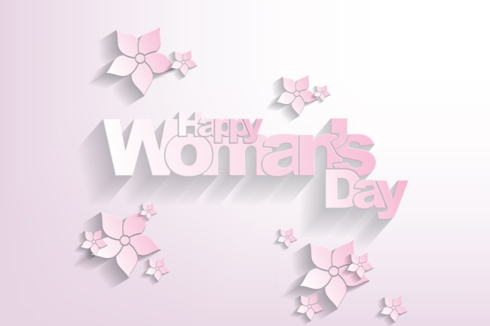 Happy Woman day with Flowers on Pink Background
