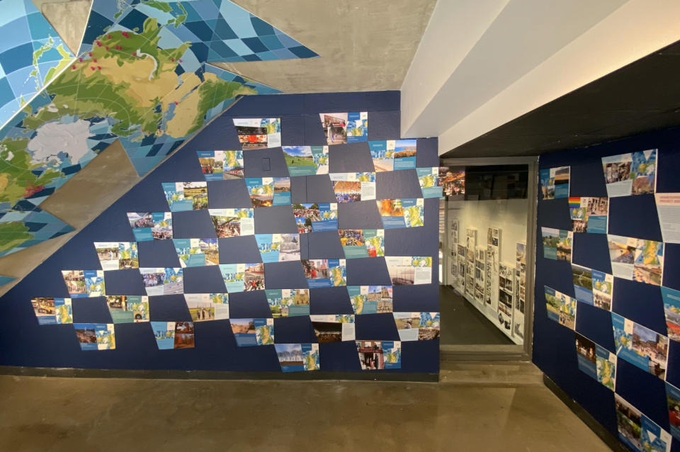 View of gallery with checkerboard panels