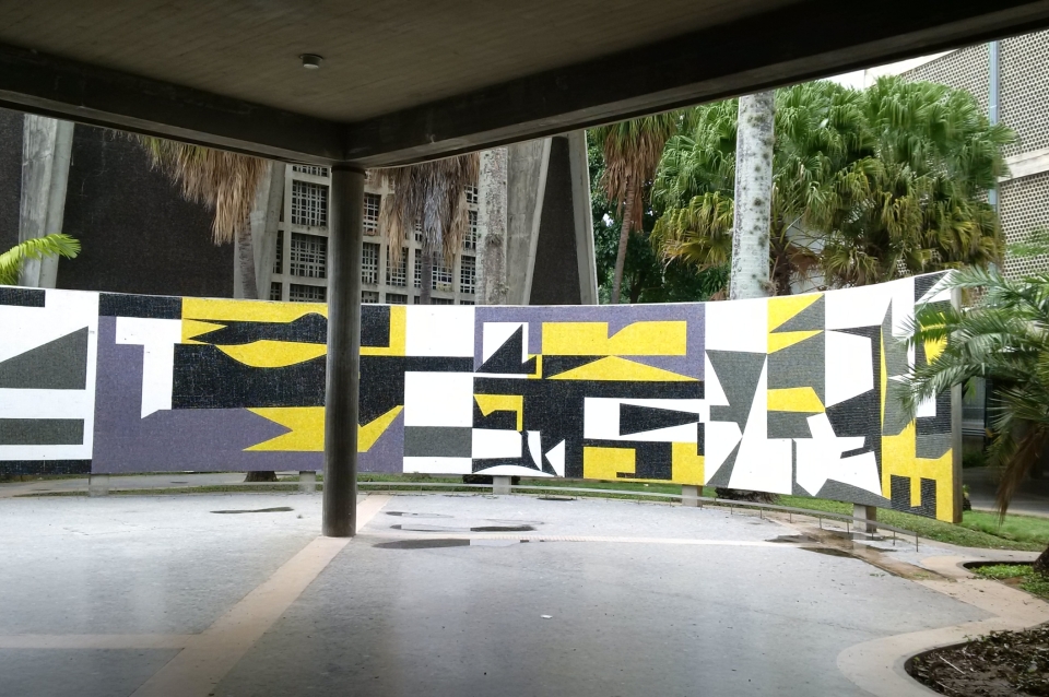architectural photo showing mural with abstract shapes 