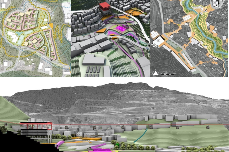 A terraced hillside is interrupted by low rise buildings and ends with a green space