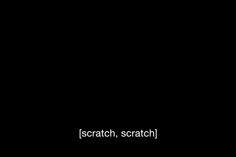 A pitch black background. Centered in the bottom third of the image are white captions that read, "[scratch, scratch]".