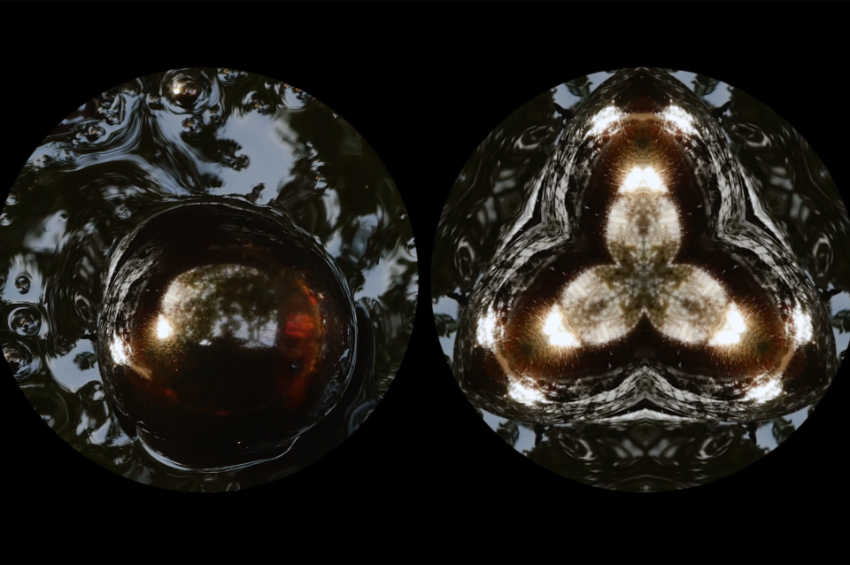 image of two circular abstract images of water and light on a black background