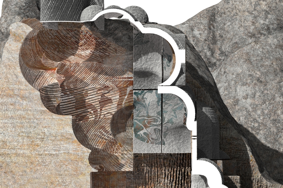 Cutaway view of curving structure in rock