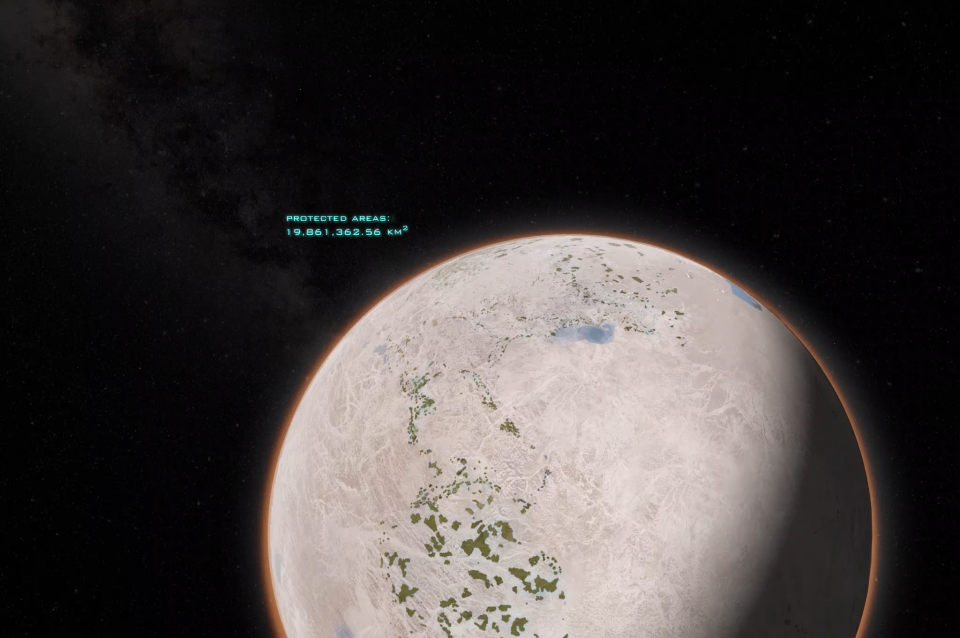Rendering of Earth seen from space with most of surface waterless and grey