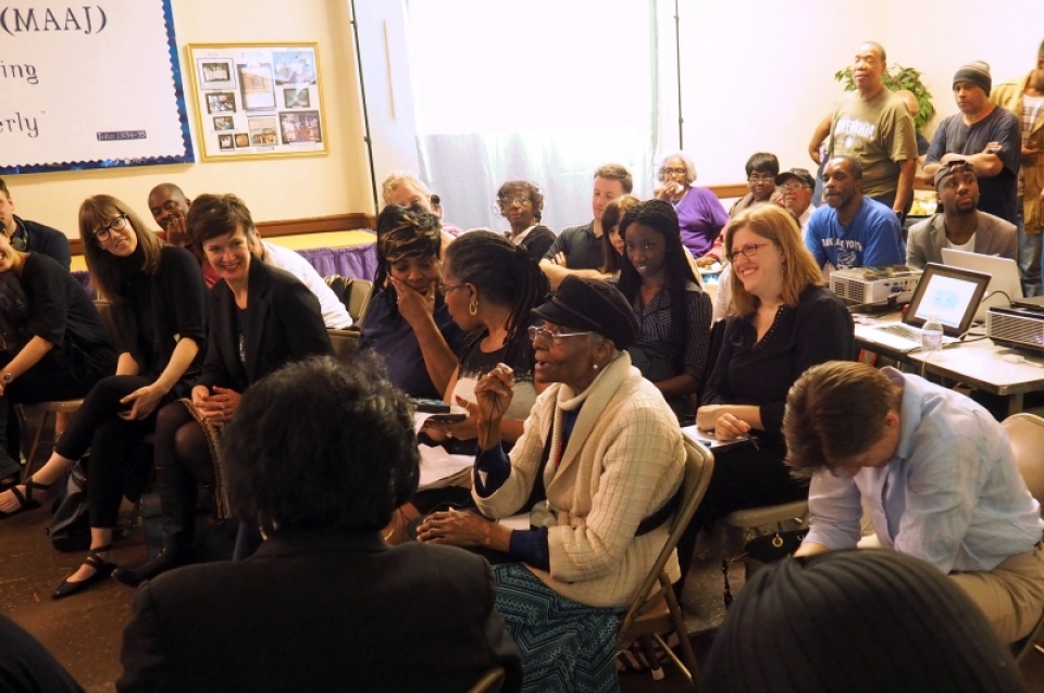 Lecturer Danielle Willems and Architecture Chair Winka Dubbeldam (second and third from left) joined students and faculty at a meeting with residents of Philadelphia's Parkside community.