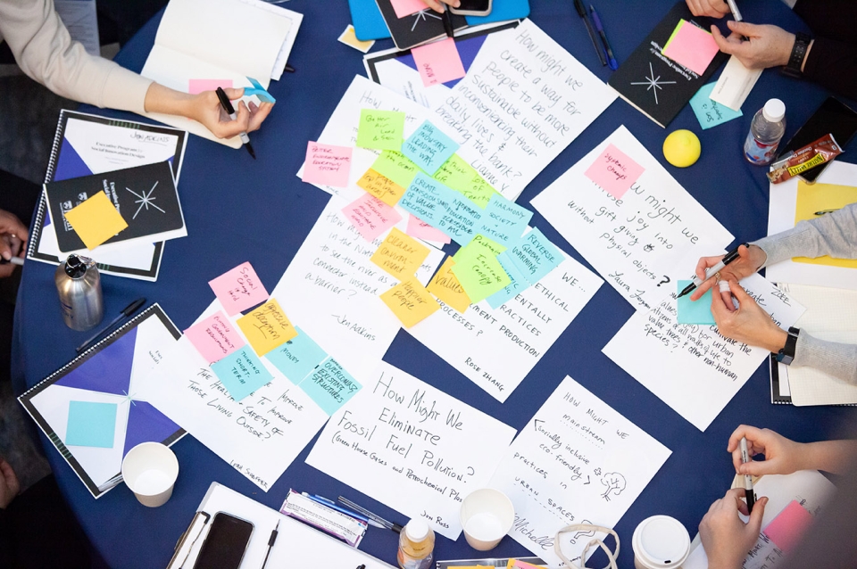 Overhead view of a table covered in Post-Its and papers