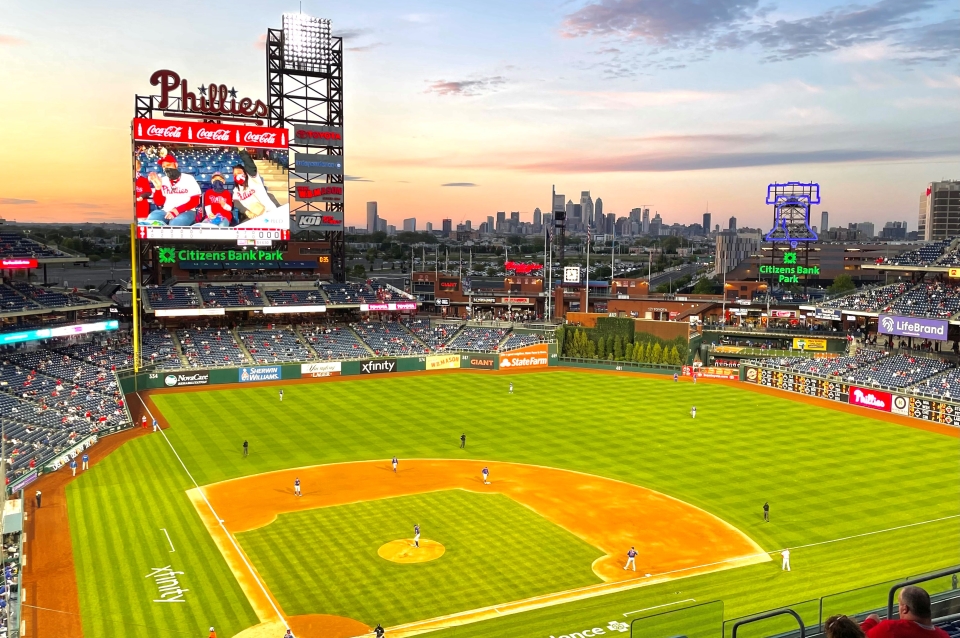 Image of a baseball field home to the Philadelphia Phillies with the Philadelphia skyline shown in the distance.