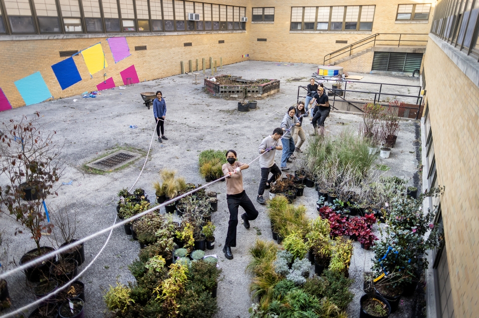 Group of people in courtyard