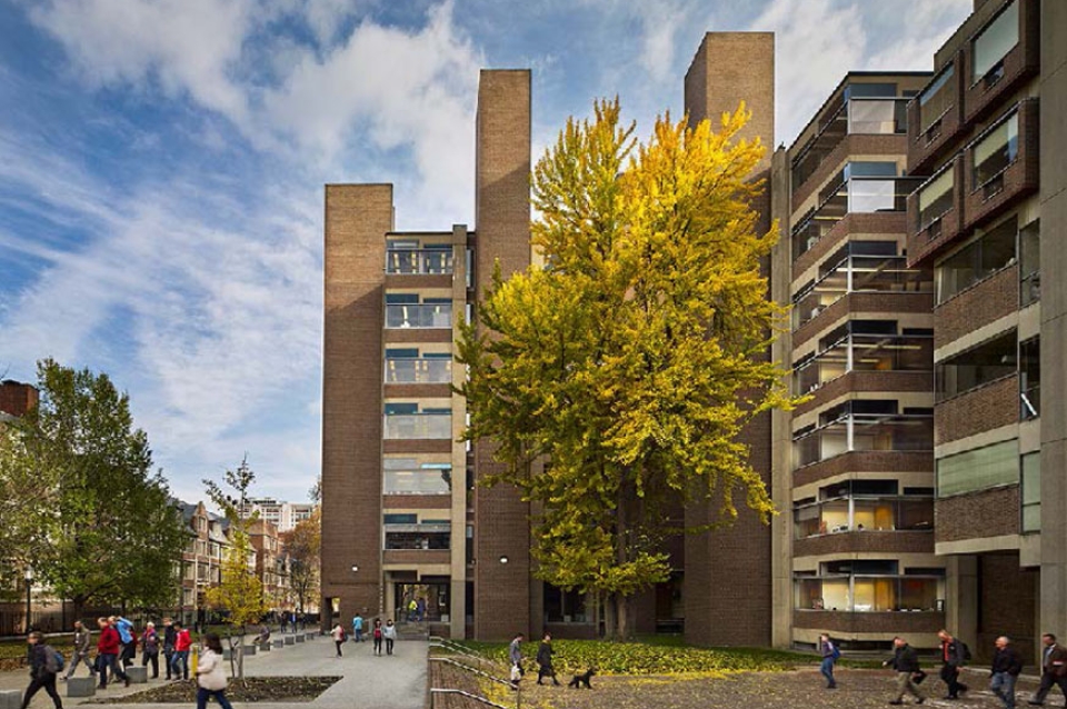 Modernist brick building on college campus