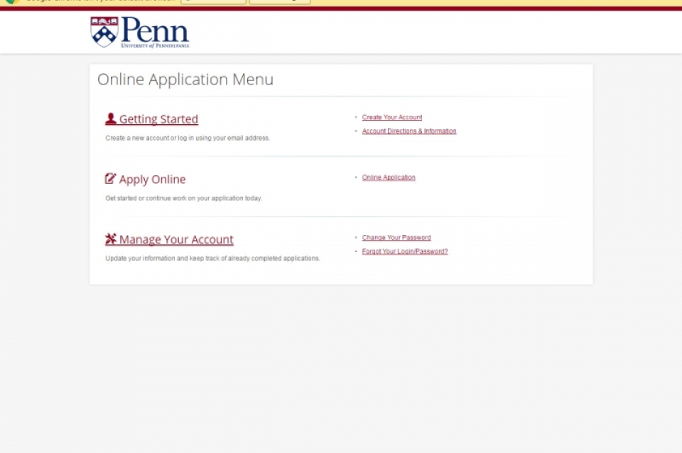 Screenshot of Penn online application menu