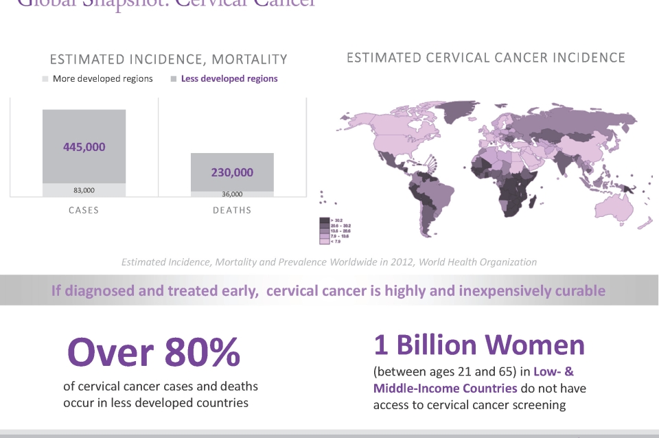 If diagnosed and treated early, cervical cancer is highly and inexpensively curable. Over 80% of cervical cancer cases and deaths occur in less developed countries. 1 Billion Women (between ages 21 and 65 in Low- & Middle-Income Countries do not have access to cervical cancer screening