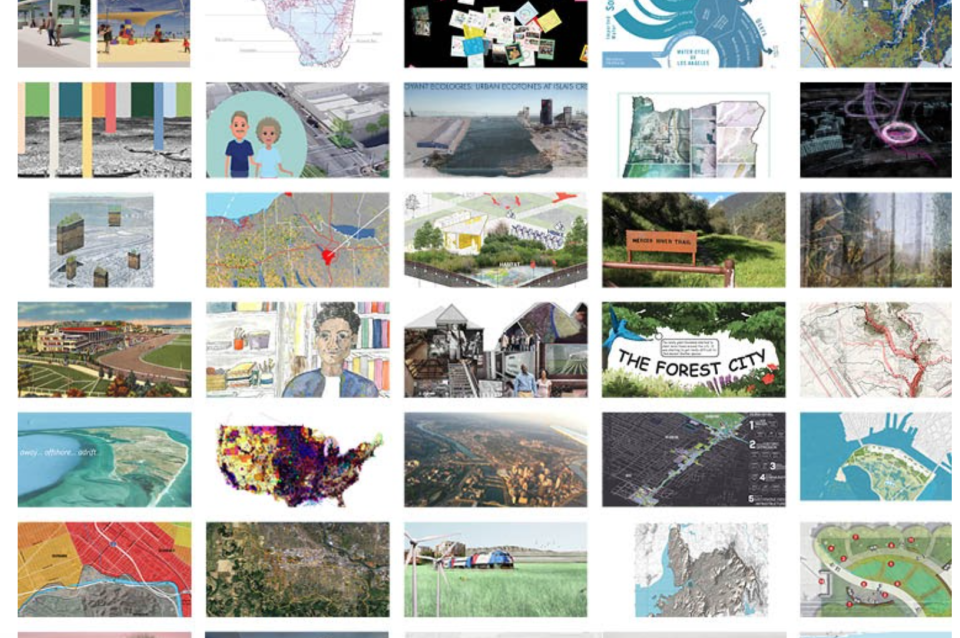 4 x 8 grid showing renderings and photographs of various landscapes