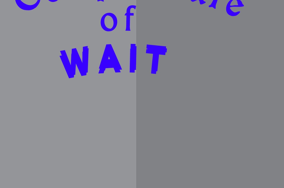 promotional exhibition poster with a two tone gray background and violet show title text