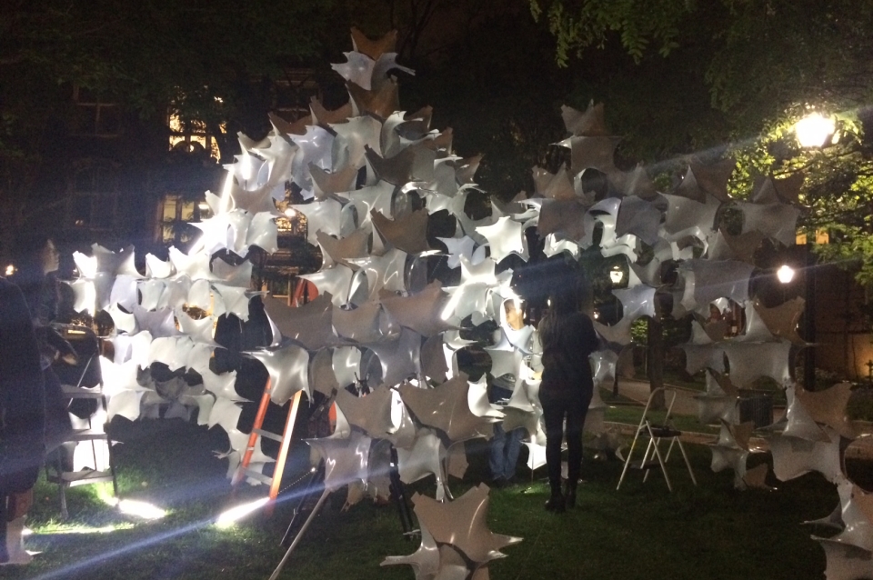 Pavilion being set up at night