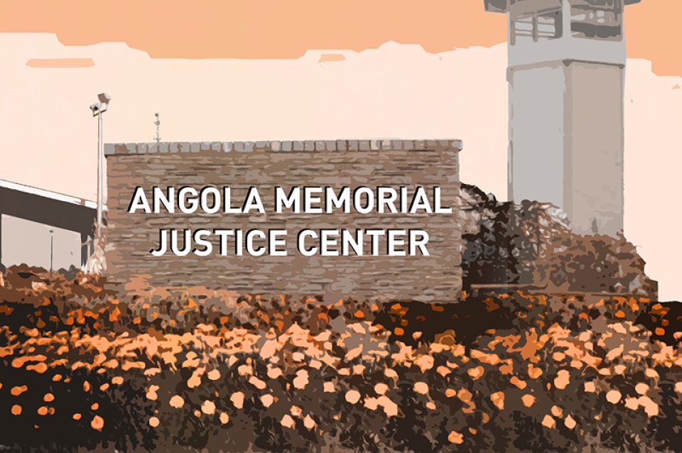 Illustration showing a stone wall with lettering reading Angola Memorial Justice Center