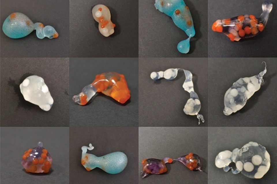 Many different pieces made of blobs of colored glass