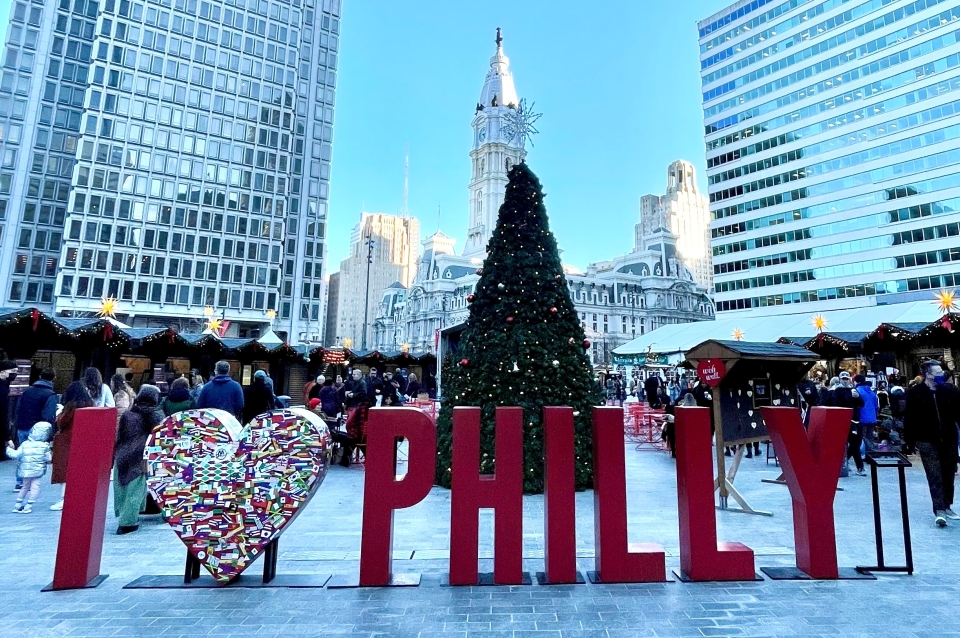 I love philly sign in front of a christmas tree.