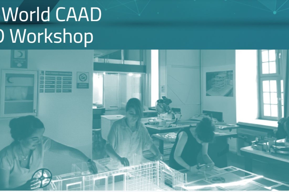 Event poster showing students in a lab preparing a model
