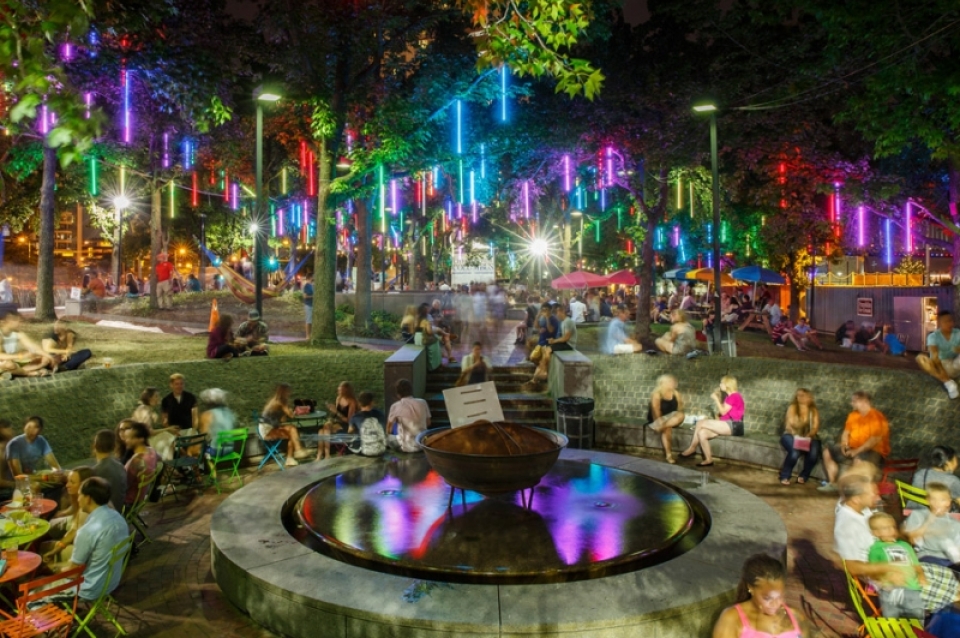 Spruce street harbor park lit up at night