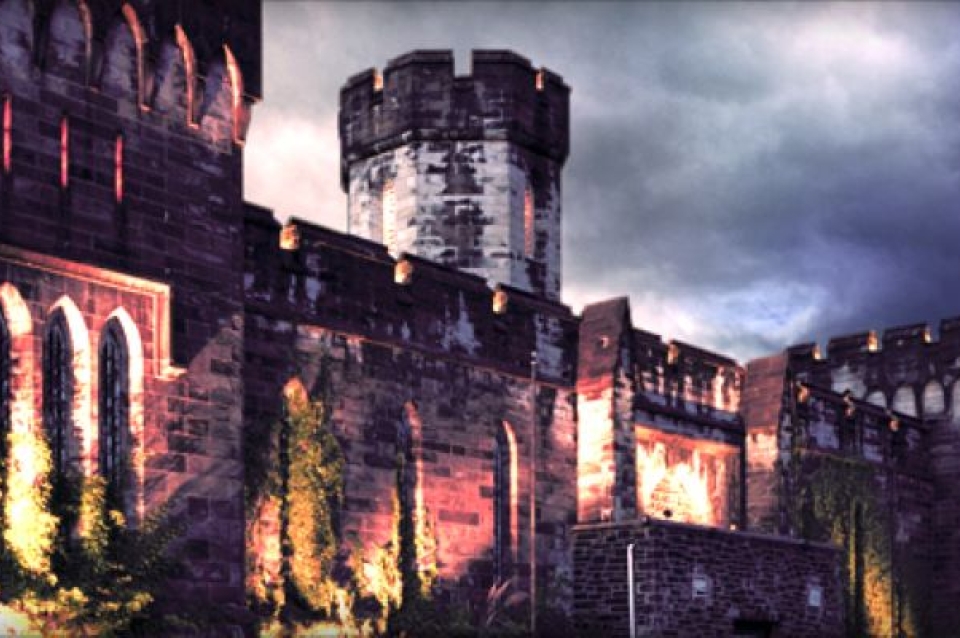 Spooky photo of Eastern State Penitentiary taken at night