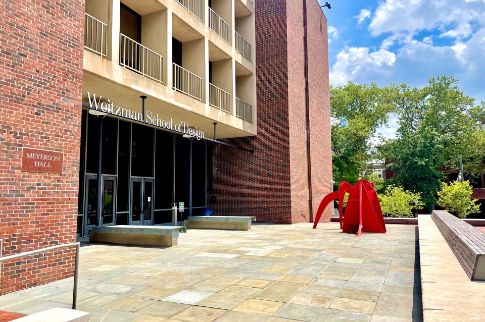 Outside of Meyerson Hall on a bright sunny day.