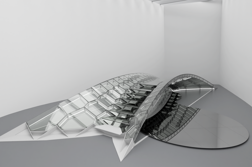 Digital rendering of glass bridge in white gallery