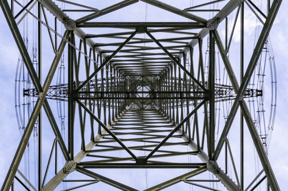 View up into powerline tower