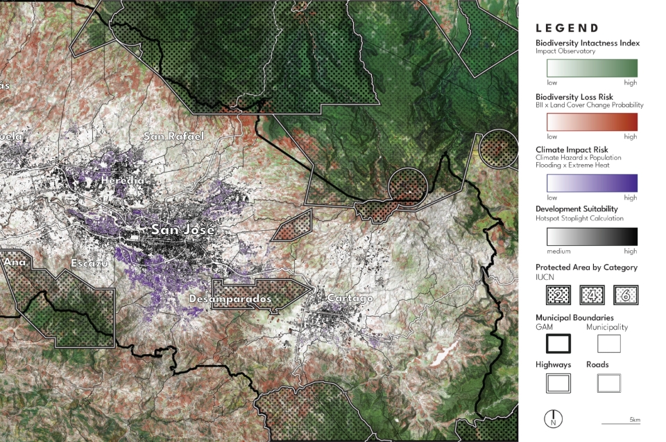 Map showing bands for biodiversity loss risk, climate impact risk, and development suitability