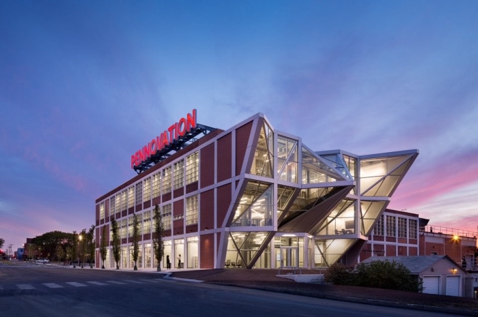 Pennovation building at sunset