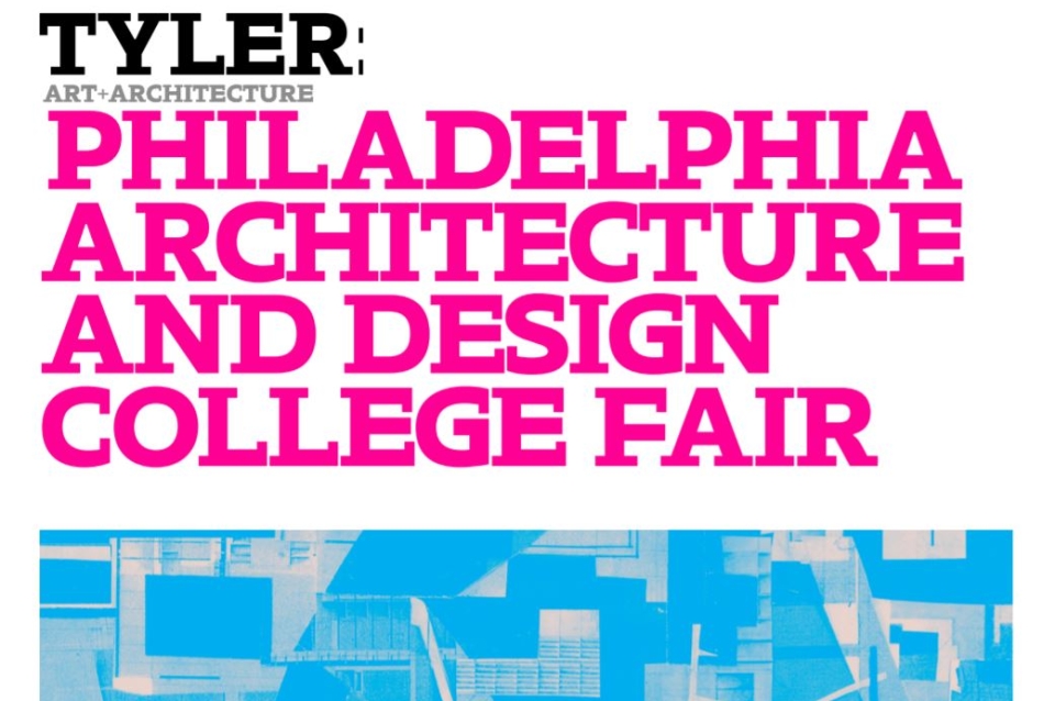 Bright pink and text that reads Philadelphia Architecture and Design College Fair above a light blue topical map Tyler's campus