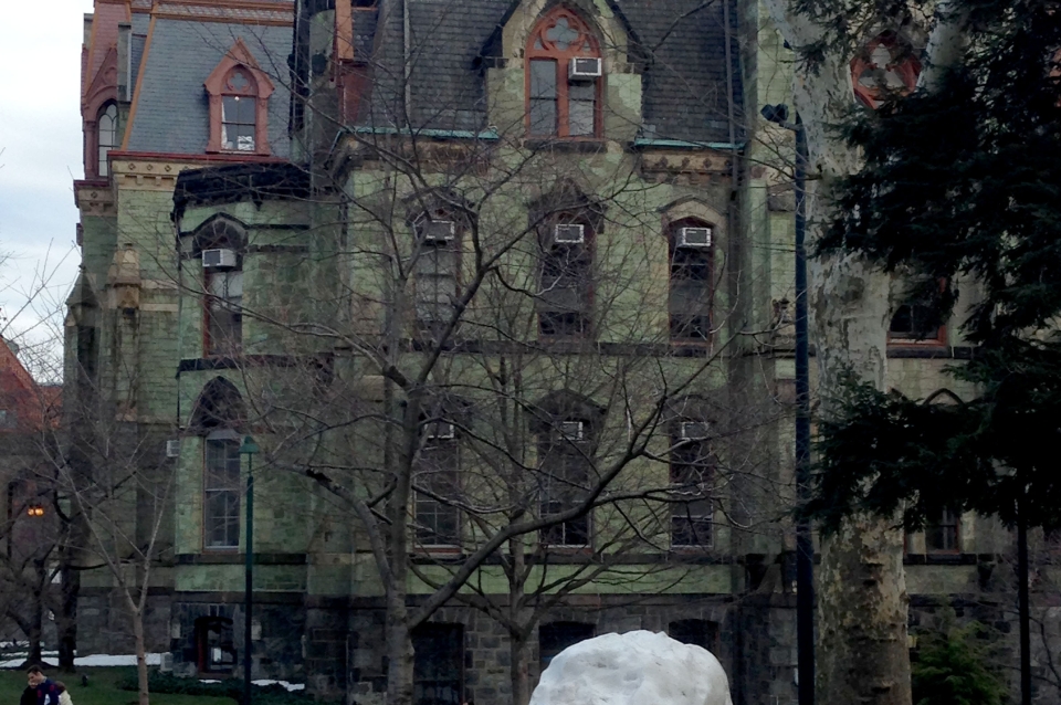 Snow sculpture in front of campus building