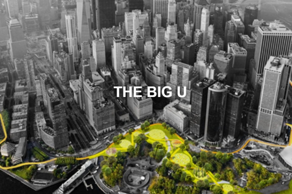 Sign for "The Big U" with manhattan as the background