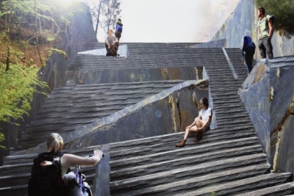 Rendering of complex staircase design made out of slate