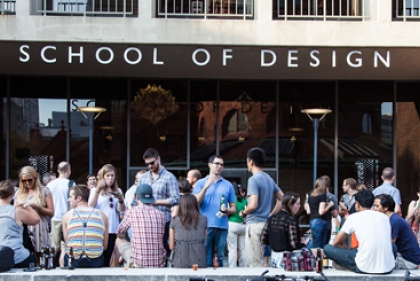 Students gathered outside the school of design