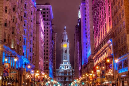 South broad street view of city hall at night with colorful night lighting