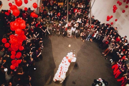 Crowd watching Chinese dragon dance