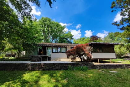 midcentury house surrounded by green foliage