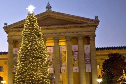 Decorated Christmas tree in front of Philadelphia Art Museum