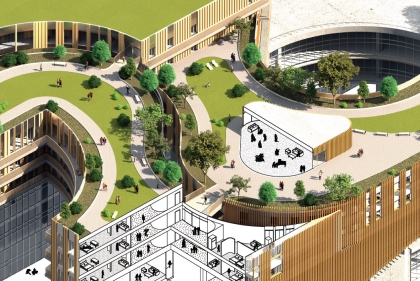 Render of arts venue and housing by Hilary Li