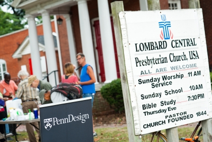 Church picnic happening in front of Lombard Street Presbyterian Church